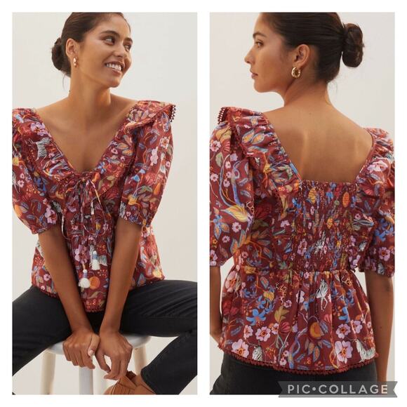 Maeve Tops - Anthropologie Maeve Floral Zebra Peasant Blouse Boho Size Small